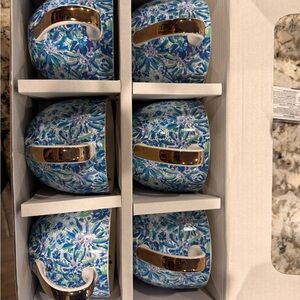 Lilly Pulitzer Elegant Blue Floral Teacup Set with Gold Handles(6)